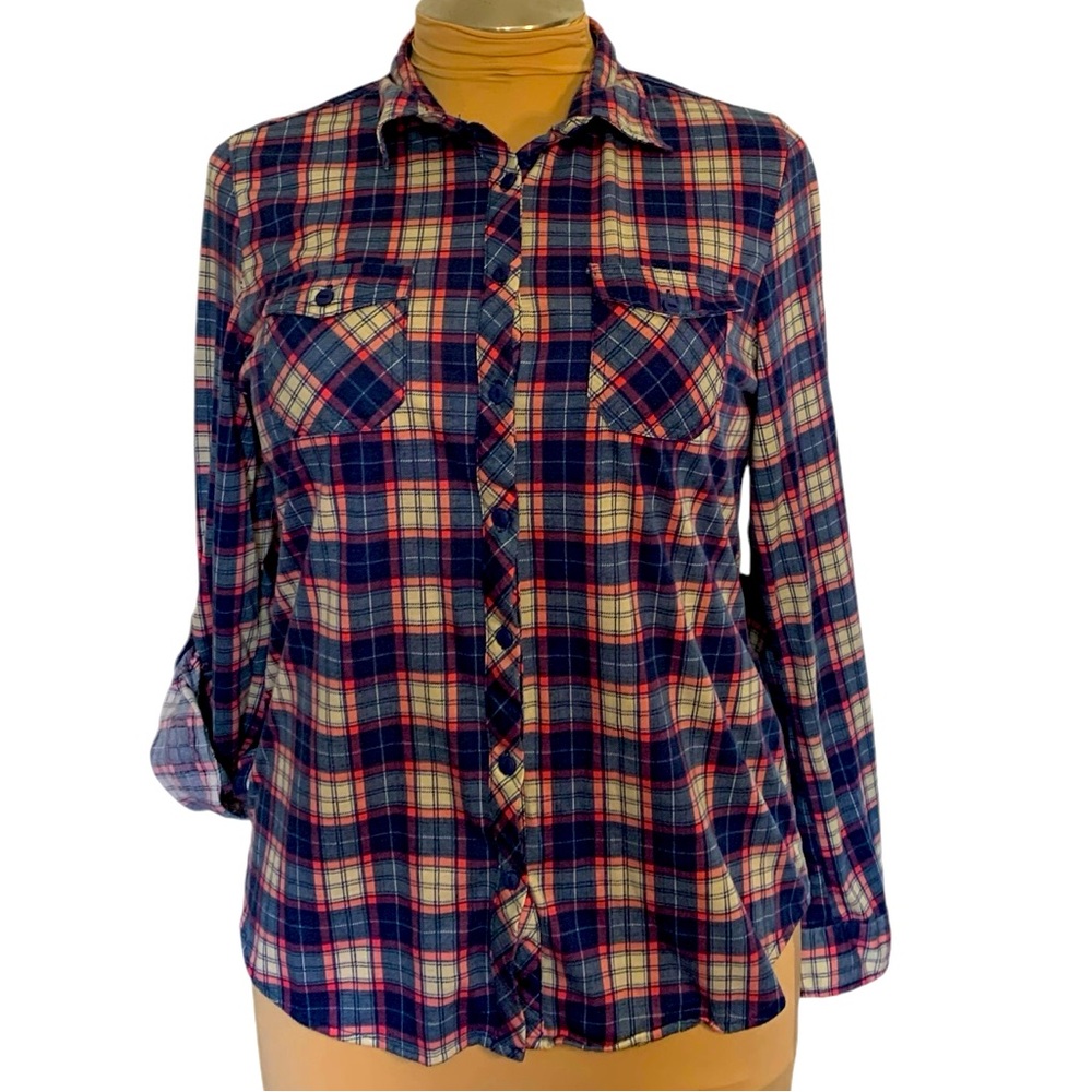 Bella D. Plaid blouse size XL.  Plaid is a pretty blue with a touch of pink.